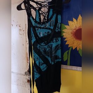NWOT SALVAGE Teal Studded Lace-Up Back With INSANE RAVEN GRAPHICS DRESS.